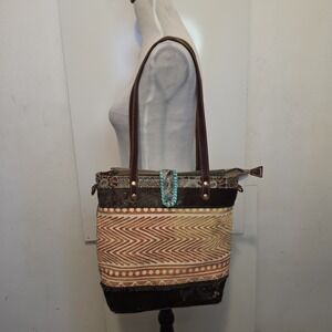 Myra Bag Western Cowhide Leather Canvas Tote Handbag Turquoise Boho